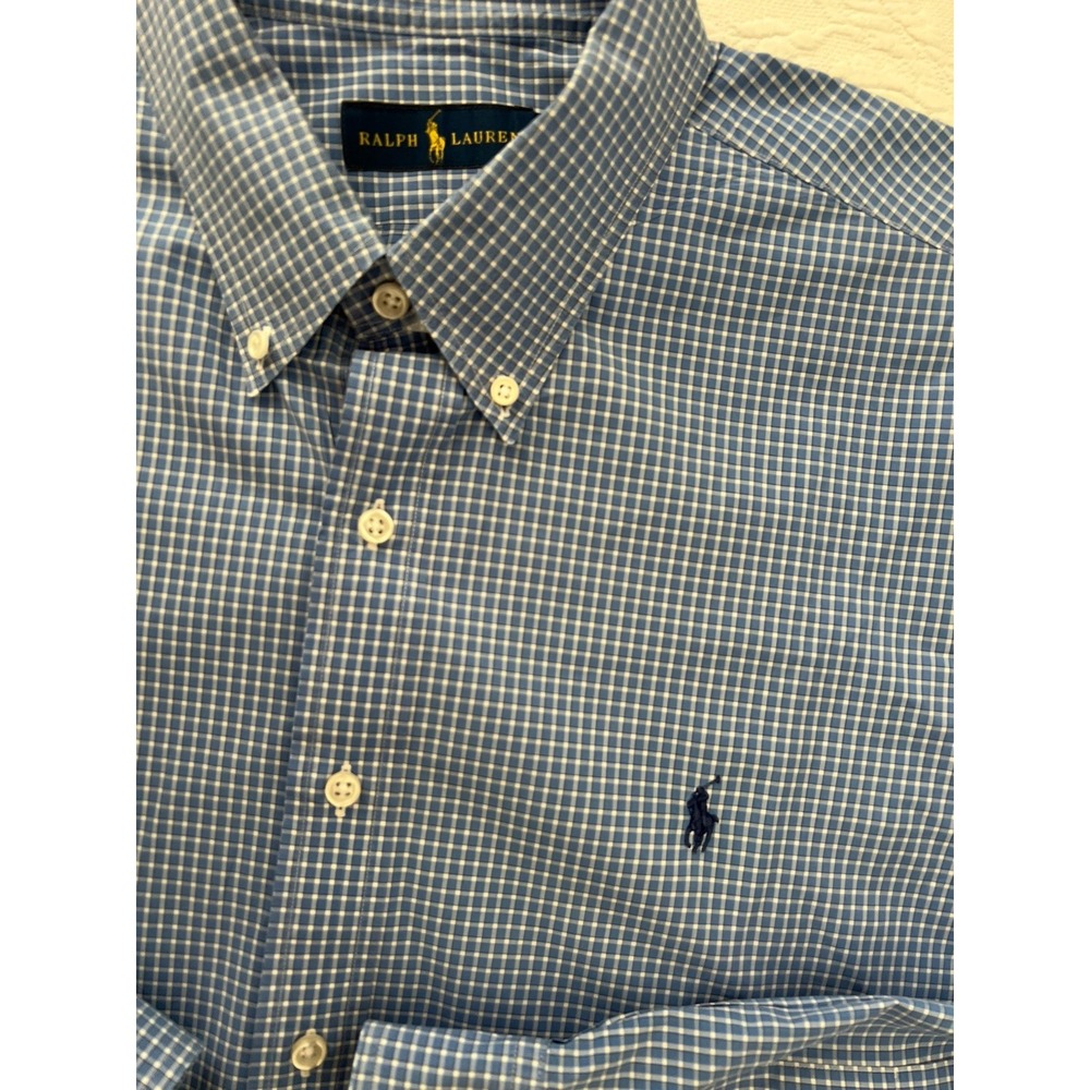 Polo Ralph Lauren Shirt Mens XXL Blue White Gingham Cotton Button Down Pony